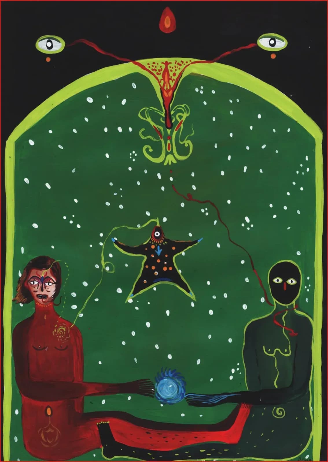 Dos figuras sentadas frente a frente en una mesa bajo un arco verde lleno de estrellas.