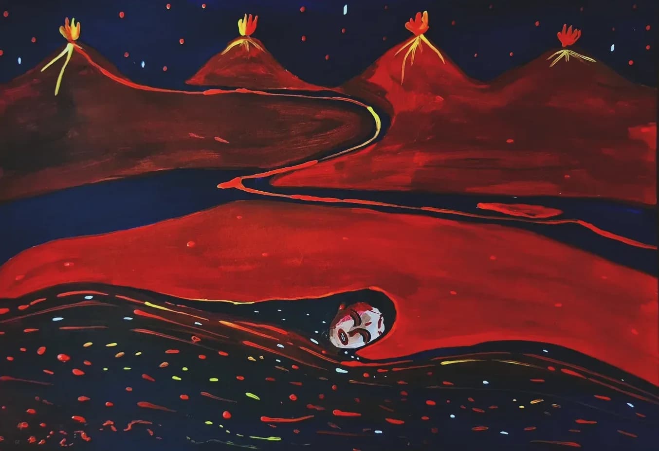 Rostro que emerge de un río rojo entre volcanes, con puntos de luz en el agua.