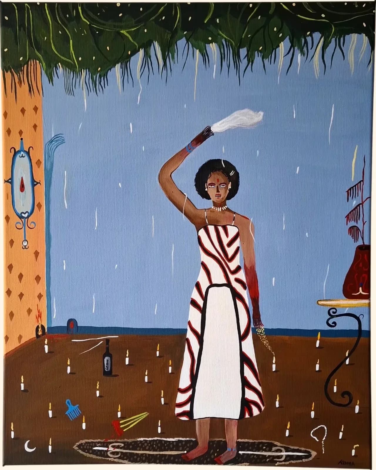 Mujer de vestido a rayas bajo la lluvia dentro de una habitación azul con techo de palma.